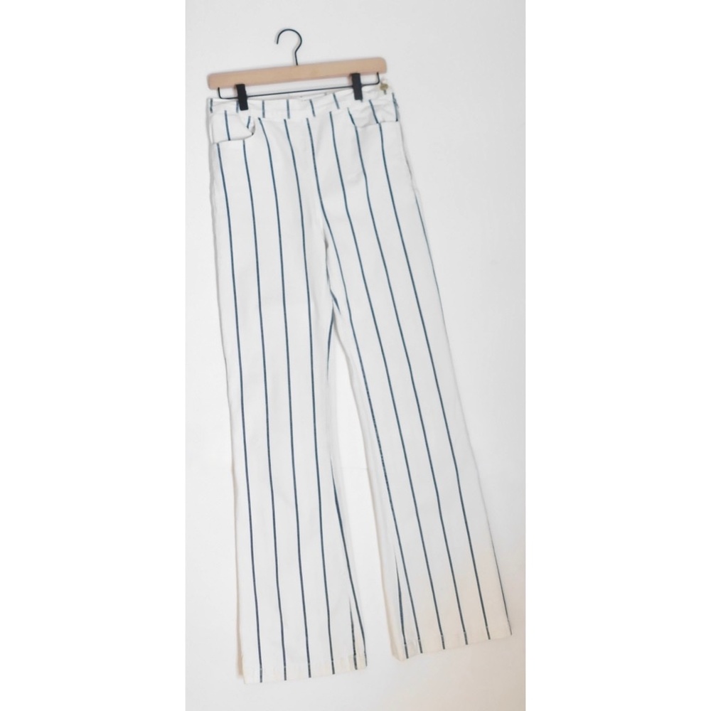 FRAME Denim Le High Waist Flare Side Zip Pants White & Blue Stripe ~ Large - Picture 3 of 16